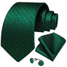 Mens Tie Emerald Green Plaid Silk Tie Handkerchief Cufflinks Set for Dress Suit