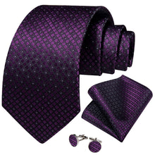 Dress Tie Deep Purple Plaid Men's Silk Tie Handkerchief Cufflinks Set