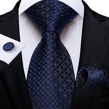 Dress Tie Deep Blue Plaid Men's Silk Tie Handkerchief Cufflinks Set