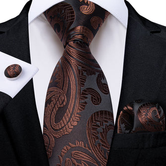 Dress Tie Brown Paisley Men's Silk Tie Handkerchief Cufflinks Set