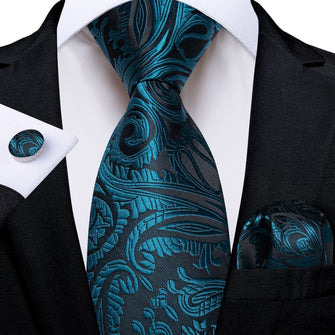 Dress Tie Deep Teal Paisley Men's Silk Tie Handkerchief Cufflinks Set