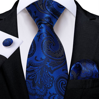 mens silk deep blue black floral tie pocket square cufflinks set for wedding