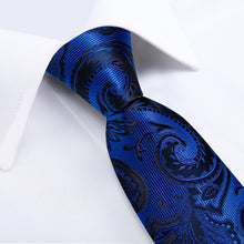 mens silk deep blue black floral tie pocket square cufflinks set for wedding