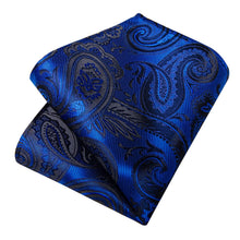 mens silk deep blue black floral tie pocket square cufflinks set for wedding