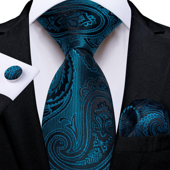 Dress Tie Teal Floral Men's Silk Tie Handkerchief Cufflinks Set