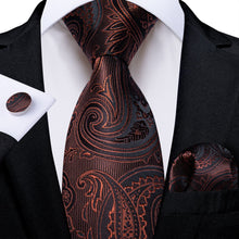 Dress Suit Tie Brown Paisley Men's Silk Tie Handkerchief Cufflinks Set