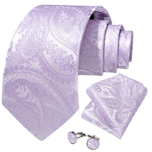 light purple paisley silk mens tie pocket square cufflinks set