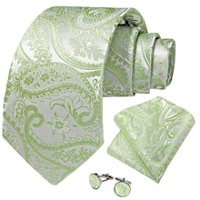 light green paisley silk mens handkerchirf cufflinks set