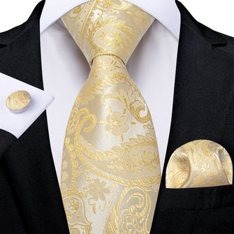 light yellow silk paisley ties handkerchief cufflinks set for men