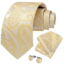 light yellow silk paisley ties handkerchief cufflinks set for men