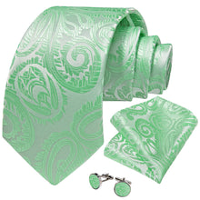 SeaFoam Green paisley mens silk tie handkerchief cufflinks set for wedding or business