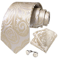 Dress Tie Cream White Paisley Men's Silk Tie Hanky Cufflinks Set