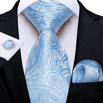 business dress accessory design silk mens floral sky blue ties handkerchief cufflinks set