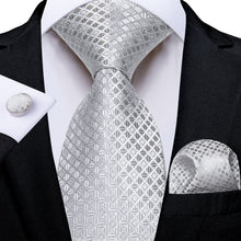 classic work business light grey plaid suit tie handkerchief cufflinks set