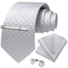 classic work business light grey plaid suit tie handkerchief cufflinks set