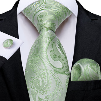 hot sale silk mens dress suit paisley sage green ties handkerchief cufflinks set for business