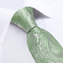 hot sale silk mens dress suit paisley sage green ties handkerchief cufflinks set for business