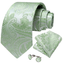 hot sale silk mens dress suit paisley sage green ties handkerchief cufflinks set for business