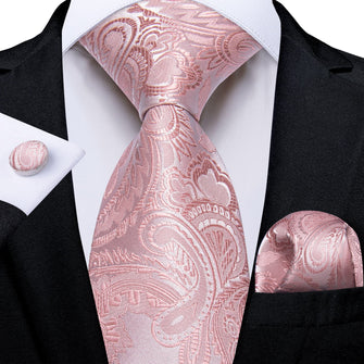 fashion wedding suit Accessories rose pink floral silk mens pink tie handkerchief cufflinks set