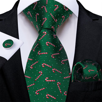 DiBanGu Green Red Candy Cane Christmas Necktie Pocket Square Cufflinks Set