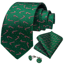 DiBanGu Green Red Candy Cane Christmas Necktie Pocket Square Cufflinks Set