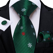 DiBanGu Green White Snow Christmas Silk Necktie Pocket Square Cufflinks Set