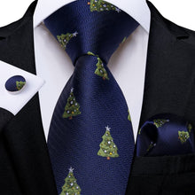 DiBanGu Dark Blue Green Christmas Tree Necktie Pocket Square Cufflinks Set