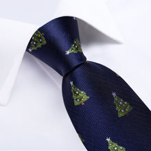 DiBanGu Dark Blue Green Christmas Tree Necktie Pocket Square Cufflinks Set