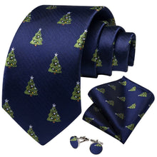 DiBanGu Dark Blue Green Christmas Tree Necktie Pocket Square Cufflinks Set