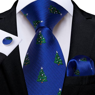 DiBanGu Blue Green Christmas Tree Necktie Pocket Square Cufflinks Set