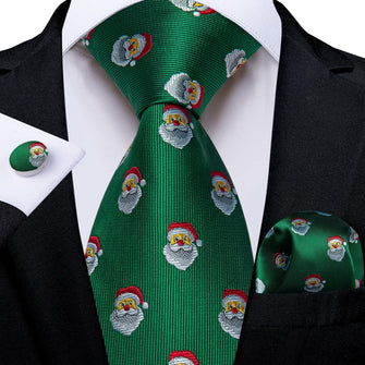 DiBanGu Green Christmas Santa Claus Necktie Pocket Square Cufflinks Set