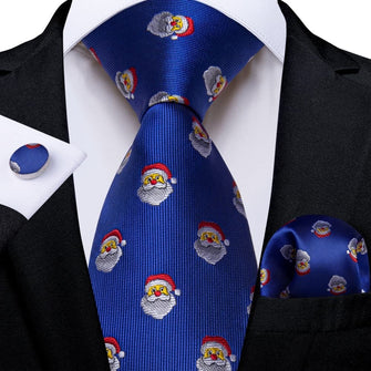 DiBanGu Blue Christmas Santa Claus Necktie Pocket Square Cufflinks Set