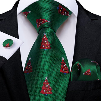 DiBanGu Green Red Christmas Tree Necktie Pocket Square Cufflinks Set