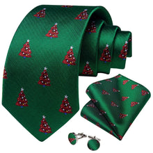 DiBanGu Green Red Christmas Tree Necktie Pocket Square Cufflinks Set