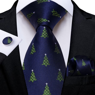 DiBanGu Dark Blue Green Christmas Tree Necktie Pocket Square Cufflinks Set