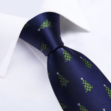 DiBanGu Dark Blue Green Christmas Tree Necktie Pocket Square Cufflinks Set