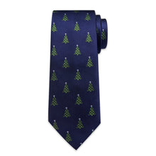 DiBanGu Dark Blue Green Christmas Tree Necktie Pocket Square Cufflinks Set