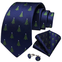 DiBanGu Dark Blue Green Christmas Tree Necktie Pocket Square Cufflinks Set