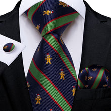 DiBanGu Dark Blue Green Striped Christmas Gingerbread Necktie Pocket Square Cufflinks Set