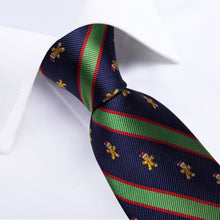 DiBanGu Dark Blue Green Striped Christmas Gingerbread Necktie Pocket Square Cufflinks Set