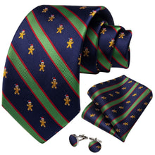 DiBanGu Dark Blue Green Striped Christmas Gingerbread Necktie Pocket Square Cufflinks Set