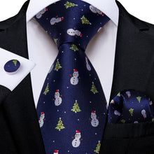 DiBanGu Dark Blue Christmas Snowman Tree Necktie Pocket Square Cufflinks Set