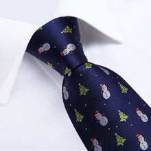 DiBanGu Dark Blue Christmas Snowman Tree Necktie Pocket Square Cufflinks Set