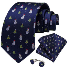 DiBanGu Dark Blue Christmas Snowman Tree Necktie Pocket Square Cufflinks Set