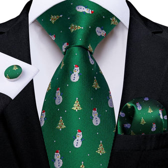 DiBanGu Green Christmas Snowman Tree Necktie Pocket Square Cufflinks Set