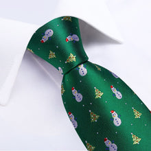 DiBanGu Green Christmas Snowman Tree Necktie Pocket Square Cufflinks Set