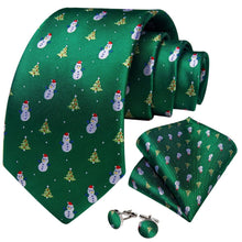 DiBanGu Green Christmas Snowman Tree Necktie Pocket Square Cufflinks Set