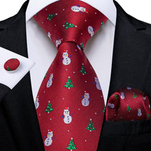 DiBanGu Red Christmas Snowman Tree Necktie Pocket Square Cufflinks Set