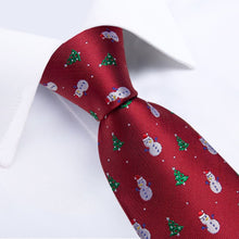 DiBanGu Red Christmas Snowman Tree Necktie Pocket Square Cufflinks Set