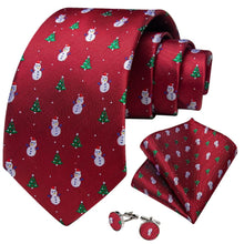 DiBanGu Red Christmas Snowman Tree Necktie Pocket Square Cufflinks Set